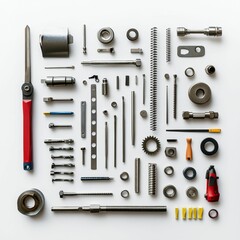 Fototapeta premium Organized metal parts and tools on white.