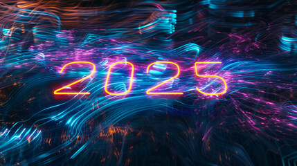 The 3D "2025" appears as radiant plasma, glowing with electric blues and purples against a backdrop of dark swirling light trails.