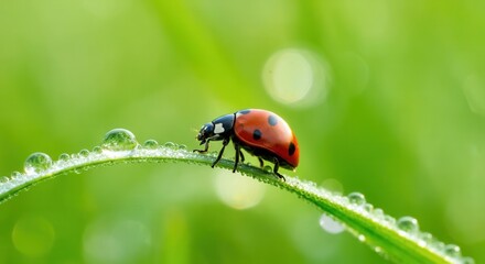 Ladybug on dewy grass blade in morning light