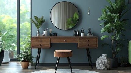 Modern vanity set with round mirror, wooden drawers, and plants against a teal wall.