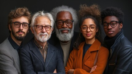 Obraz premium Diverse group portrait: young and old individuals with glasses against dark background