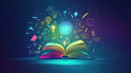 Glowing open book with digital icons: a fusion of knowledge and technology