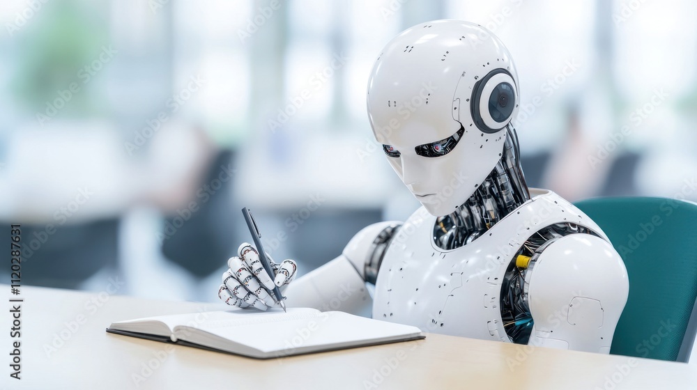 Poster a humanoid robot writing in a notebook in a modern workspace.