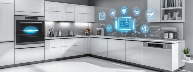 Futuristic smart kitchen with AI technology, holographic displays, and smart appliances, emphasizing innovation, home automation, and modern cooking.