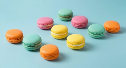 Obraz premium Colorful macarons arrangement on blue background