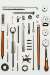 Precision tools arranged neatly on white background.