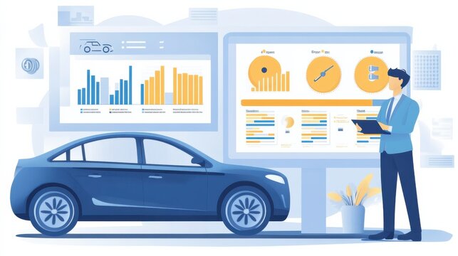 car dealership customer with data and graphs showing customer behaviour and service dates