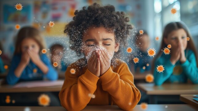 Child sneezing in classroom surrounded by floating particles illustrating germ spread