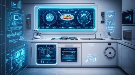 Fototapeta premium Futuristic smart kitchen with AI technology, holographic displays, and smart appliances, emphasizing innovation, home automation, and modern cooking.