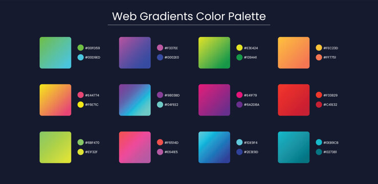 Gradient Colour, Color Palette, Swatches in RGB, HEX Colors, Paint Palette, Bright Colours in HEX Codes. - Powered by Adobe