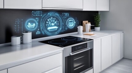 Futuristic smart kitchen with AI technology, holographic displays, and smart appliances, emphasizing innovation, home automation, and modern cooking.