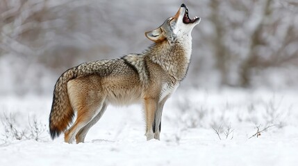 A coyote howls in a snowy landscape, showcasing its wild nature and adaptability in a serene, wintery environment.