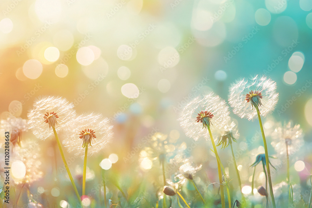 Poster a dreamy field of dandelions backlit by golden sunlight with colorful bokeh lights creating a whimsi