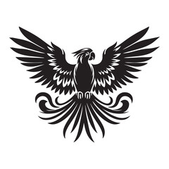 Parrot with spread wings silhouette vector art black color design and solid white background
