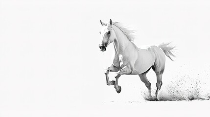 Fototapeta premium A majestic white horse gallops through a plain, kicking up dust, embodying grace and strength in a striking black-and-white setting.