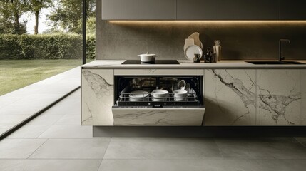 Modern kitchen with built-in dishwasher, white plates, marble countertop, and garden view, emphasizing home design, functionality, and natural light.