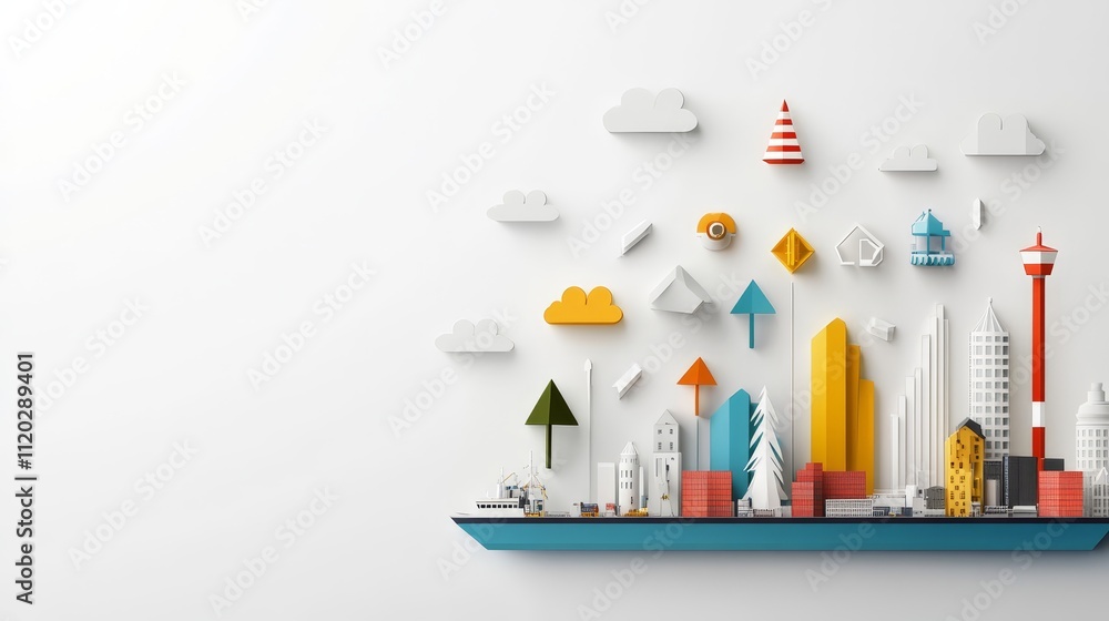 Poster a ship with a large arrow on the side of it is sailing through a body of water