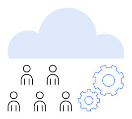 People icons under a light blue cloud with gear symbols. Ideal for teamwork, cloud solutions, automation, technology, collaboration, project management, digital transformation. Line metaphor