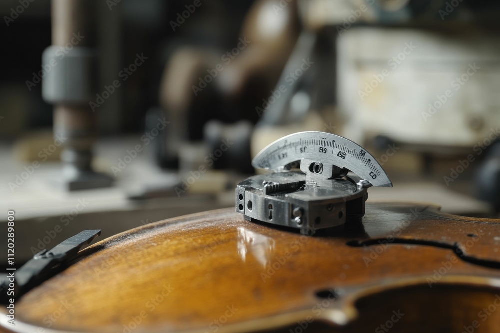 Poster measuring device on a wooden string instrument.