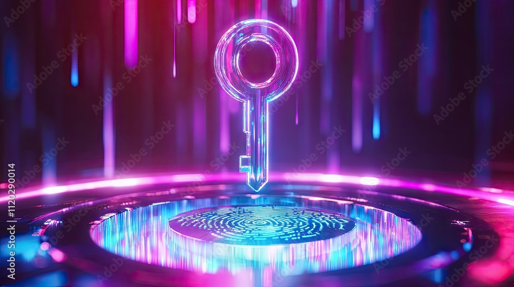 Wall mural futuristic holographic key floating above a digital fingerprint scanner, representing security and i