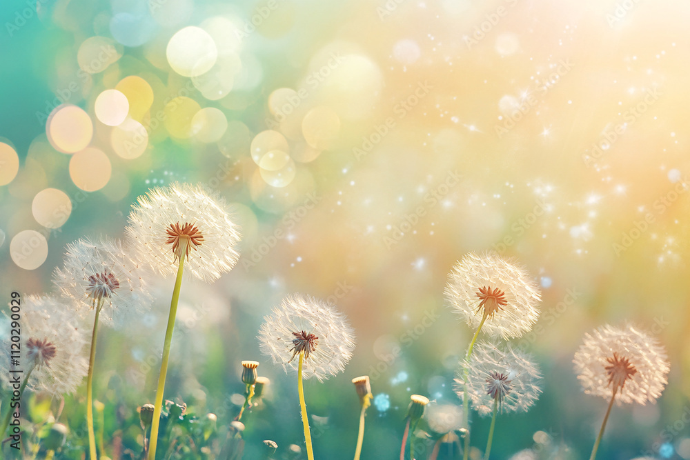Poster dandelions swaying in a golden field under soft sunlight with sparkling bokeh creating a calm and dr