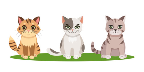 Set of flat vector illustrations in children's style. Cute kittens on a white background. Cat print. Cute kittens.