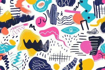 Doodle sketched abstract elements, brush strokes, contemporary art, eyes, faces smear isolated