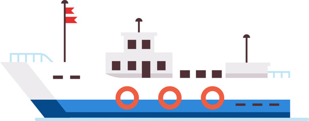 Fishing boat sailing across the sea, adorned with vibrant red flags and lifebuoys, showcasing a superstructure featuring large windows, all in a minimalist flat design style