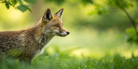 selective focus fox on green defocused meadow