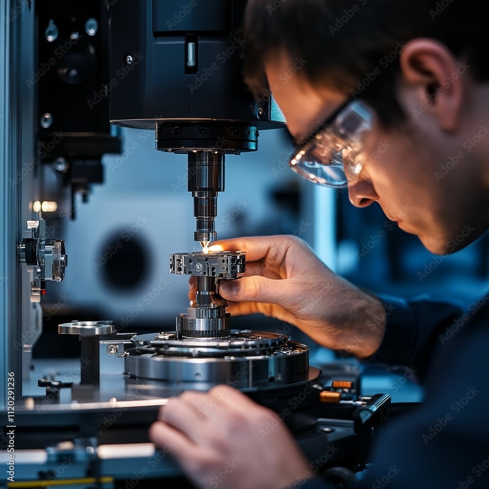 Poster technician precisely aligns small metal part with machine.