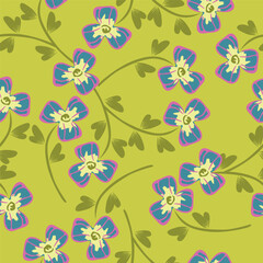 Simple vintage pattern. Light background, orange and mustard, dark blue flowers