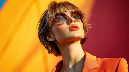 Stylish Woman in Sunglasses Against Vibrant Background
