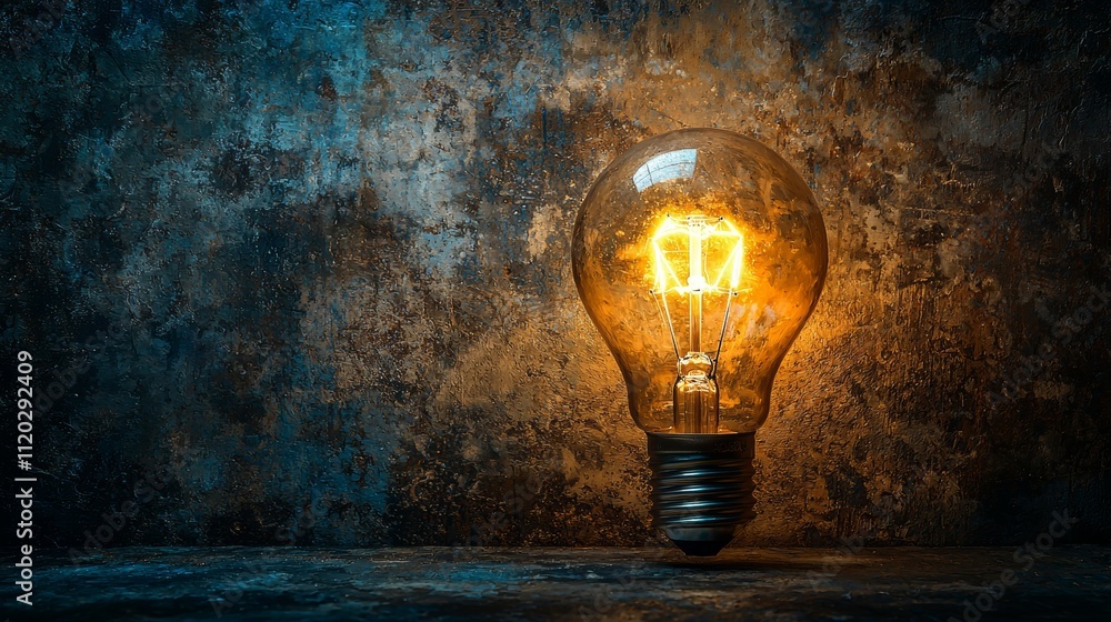 Poster glowing light bulb with textured rustic background