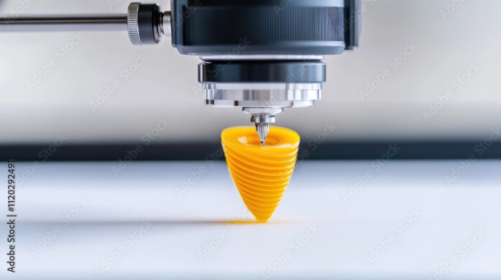 Poster a 3d printer creating a yellow spiral object.
