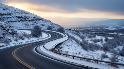 Following traffic on a curving road in winter, snow-covered landscape and icy conditions visible.

