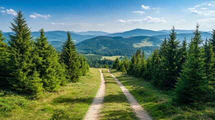 Obraz premium A dirt road in the middle of a grassy field surrounded by trees