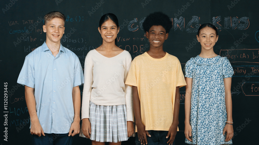 Poster group of smart multicultural teenager looking at camera at blackboard. happy diverse children standi