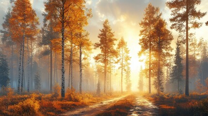 Fototapeta premium A dirt road in the middle of a forest in the fall