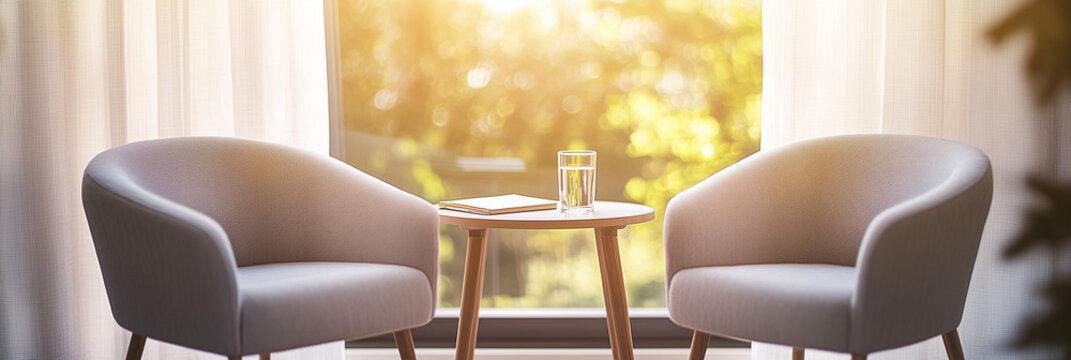 Cozy living room with sunlit chairs and table by window