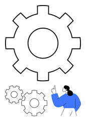 Three gears with different sizes. A person wearing blue and raising a finger. Ideal for teamwork, technical processes, innovation, problem-solving, engineering, mechanical design, project planning