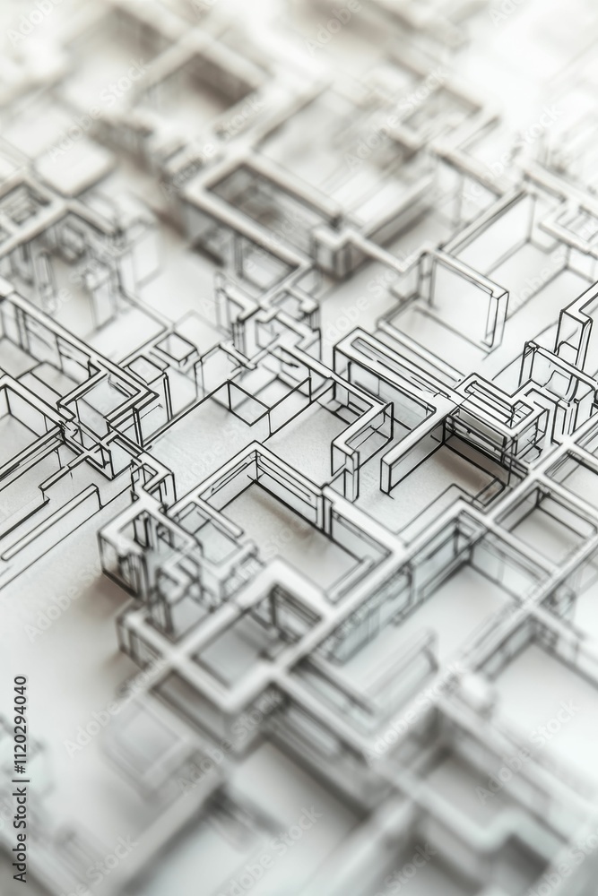 Poster abstract grayscale model, intricate lines, complex structure.