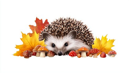 A cute hedgehog nestled among colorful autumn leaves and mushrooms, capturing the essence of fall.