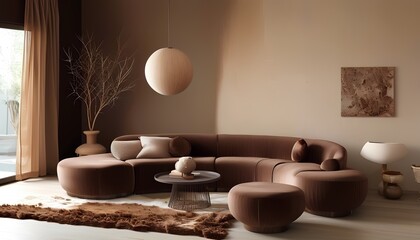 Sophisticated living area with Mocha Mousse color theme, modern furniture and elegant minimalist styling