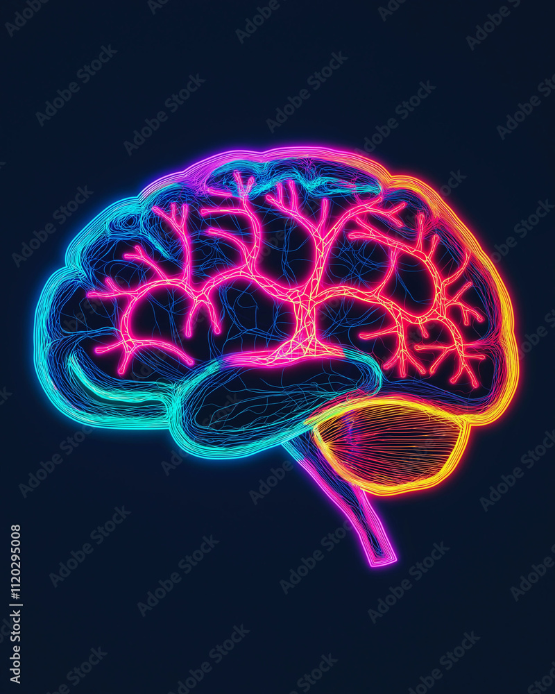 Poster neurological disorders nervous system care. a vibrant and colorful depiction of a brain with glowing