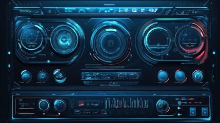 Fototapeta premium Futuristic audio control panel with glowing elements and various knobs and dials.