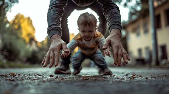 man is catching a child . Close up to his hands. Scene seen from the ground. Sport photography. street photography. Color,