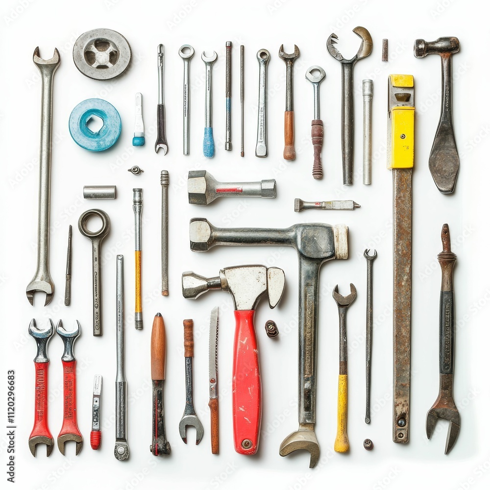 Poster assorted tools arranged neatly on white background.