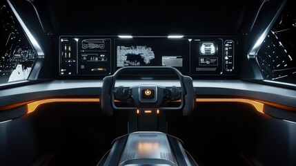 Futuristic cockpit interior with a sleek design and advanced control interfaces.