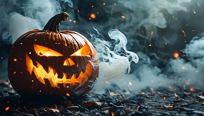 Carved Halloween pumpkin emitting light and mist, dark and mysterious festive setting in a forest