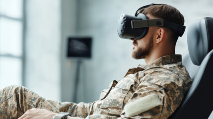 Fototapeta premium A soldier wearing virtual reality goggles sits comfortably, immersed in an advanced simulation experience, showcasing modern technology in military training.